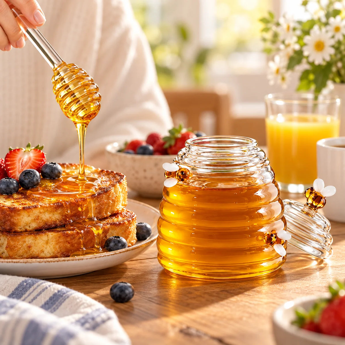 Honey Jar | Beehive-Style Ribbed Glass & Matching Dipper