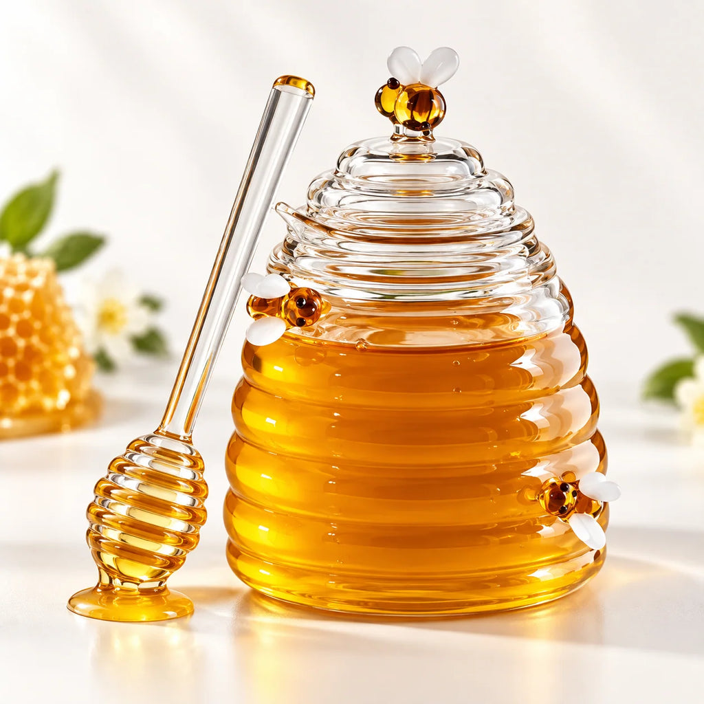 Honey Jar | Beehive-Style Ribbed Glass & Matching Dipper