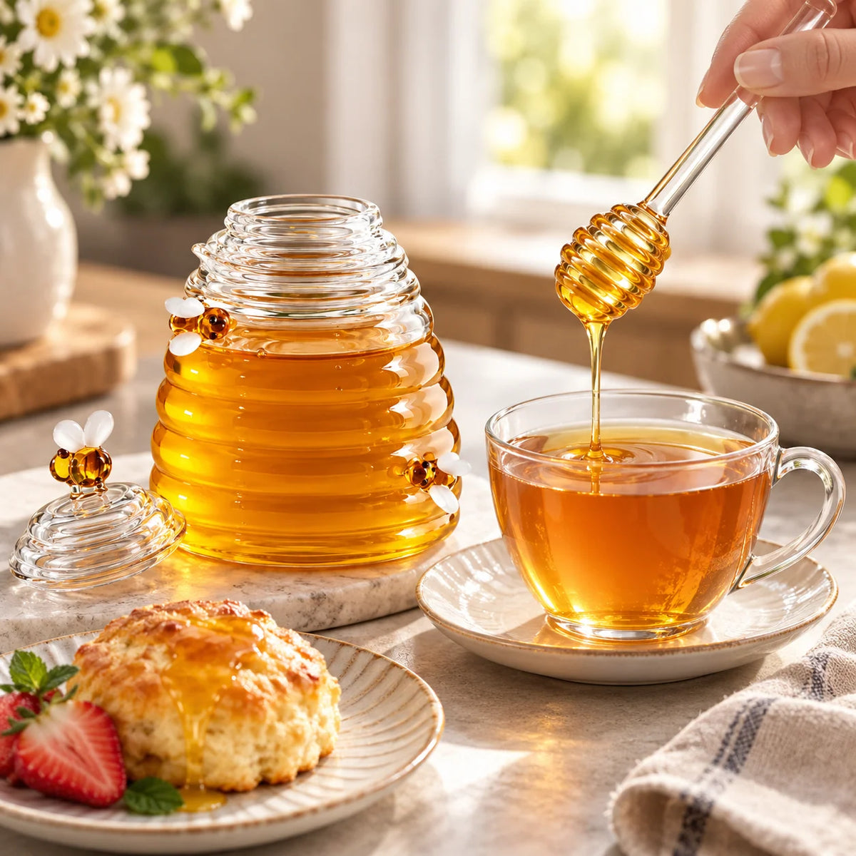 Honey Jar | Beehive-Style Ribbed Glass & Matching Dipper