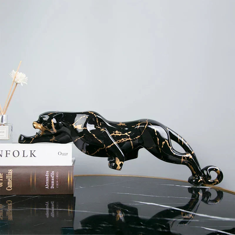 Jaguar Sculpture | Hand-Carved Natural Stone | Black & Gold Finish