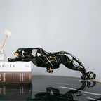 Jaguar Sculpture | Hand-Carved Natural Stone | Black & Gold Finish