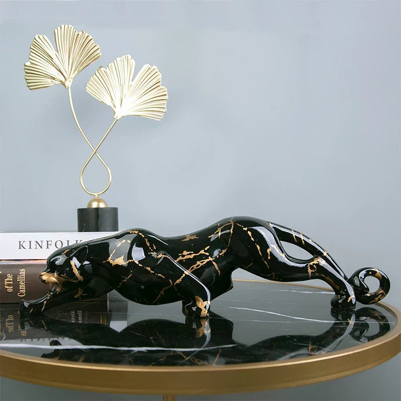 Jaguar Sculpture | Hand-Carved Natural Stone | Black & Gold Finish