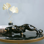 Jaguar Sculpture | Hand-Carved Natural Stone | Black & Gold Finish