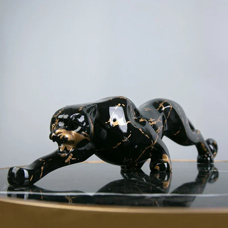 Jaguar Sculpture | Hand-Carved Natural Stone | Black & Gold Finish