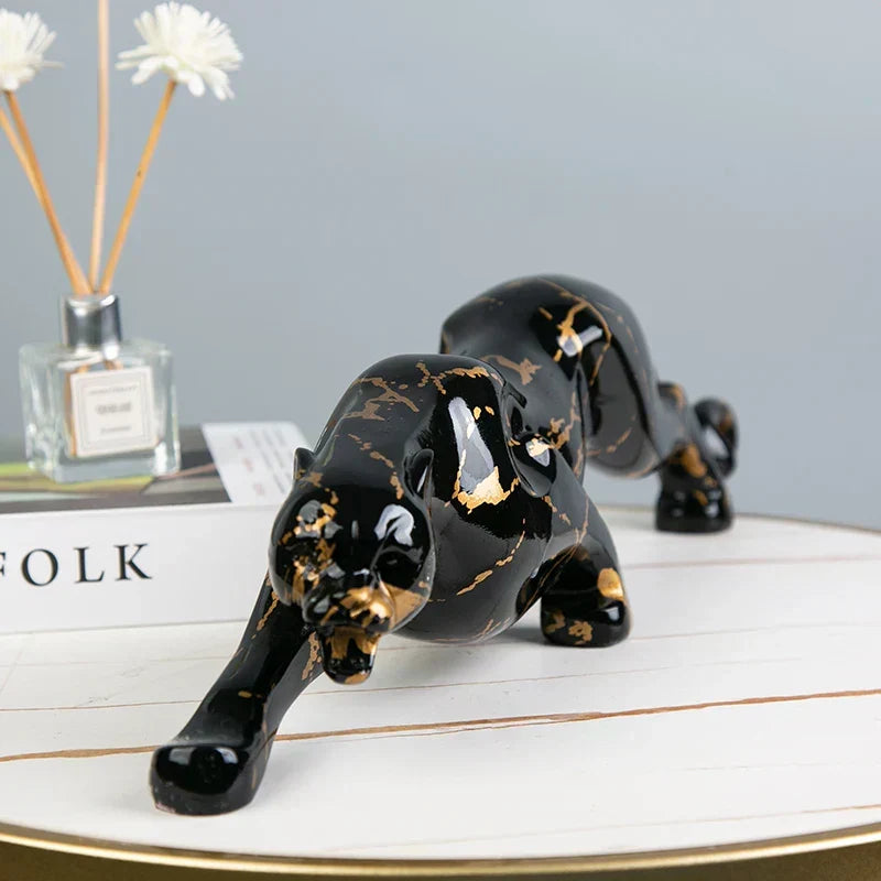 Jaguar Sculpture | Hand-Carved Natural Stone | Black & Gold Finish