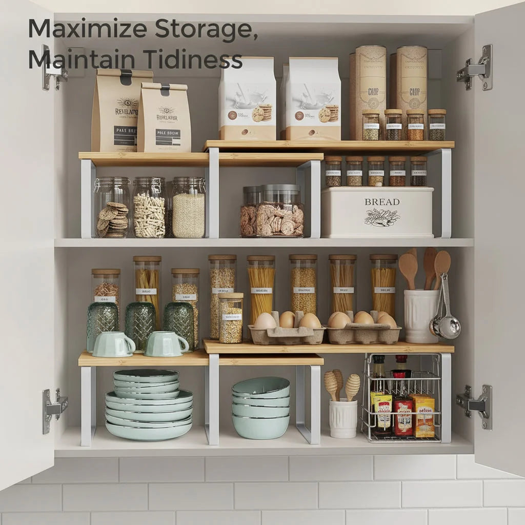 Kitchen Cabinet Organizer | Stackable & Tool-Free Metal Frame | Set of 4