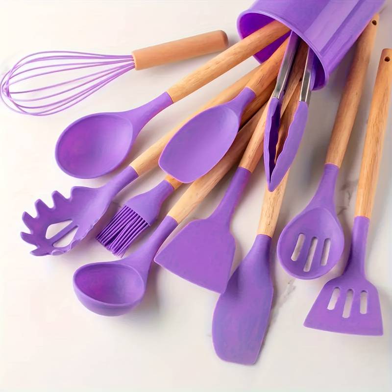 Kitchen Utensil Set | Heat-Resistant Silicone & Wooden Handles | Set of 12