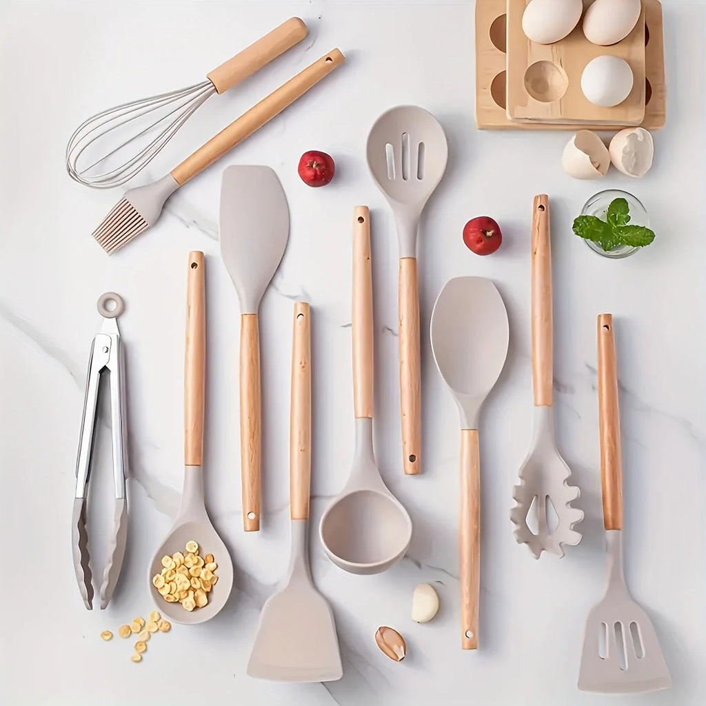 Kitchen Utensil Set | Heat-Resistant Silicone & Wooden Handles | Set of 12