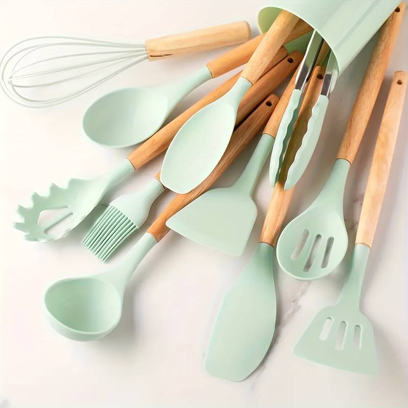 Kitchen Utensil Set | Heat-Resistant Silicone & Wooden Handles | Set of 12