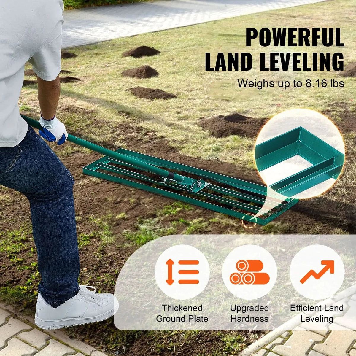 Lawn Rake | Aluminum Alloy Base & Ergonomic Long Handle | 91 x 25 cm