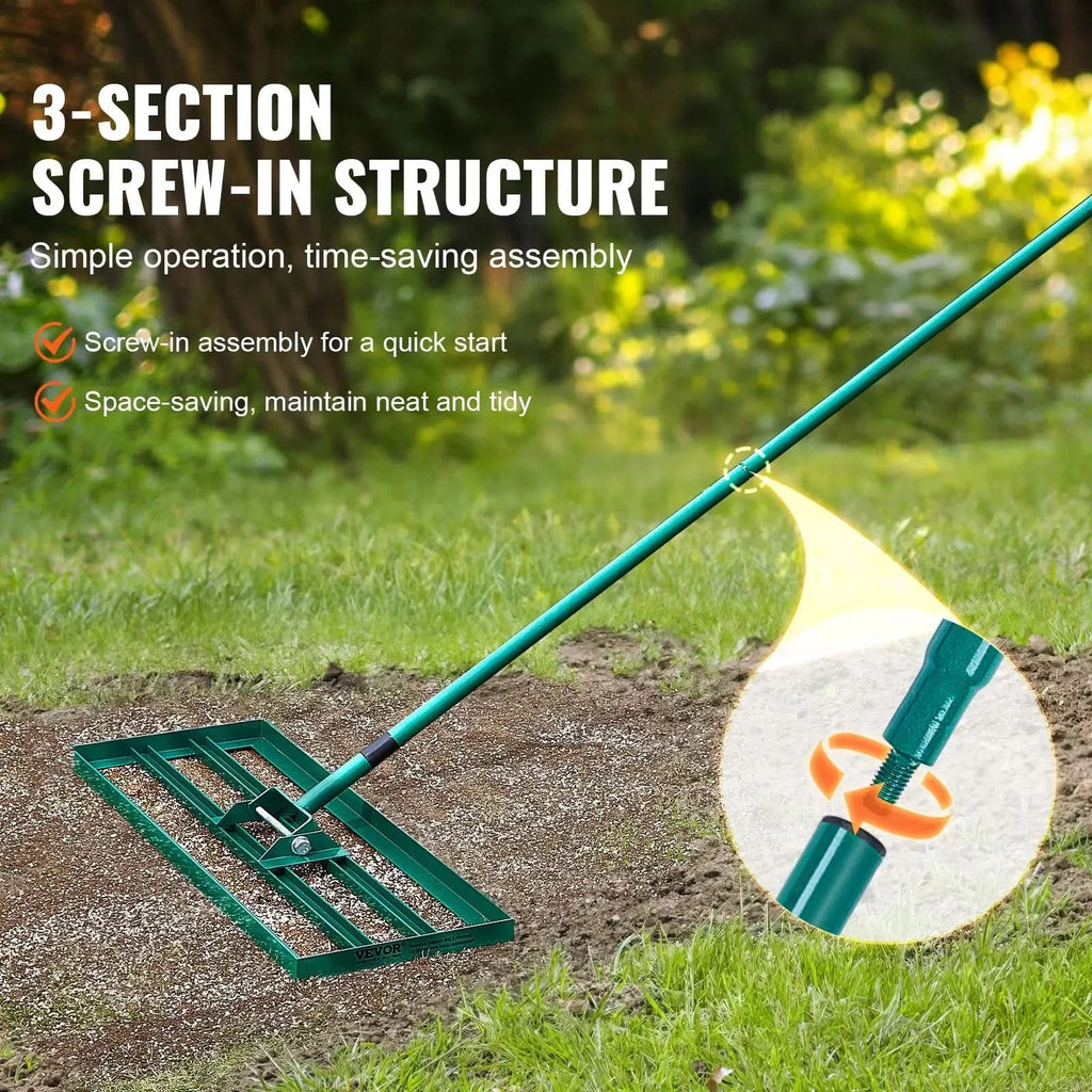 Lawn Rake | Aluminum Alloy Base & Ergonomic Long Handle | 91 x 25 cm