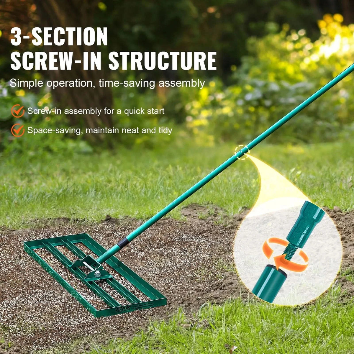 Lawn Rake | Aluminum Alloy Base & Ergonomic Long Handle | 91 x 25 cm