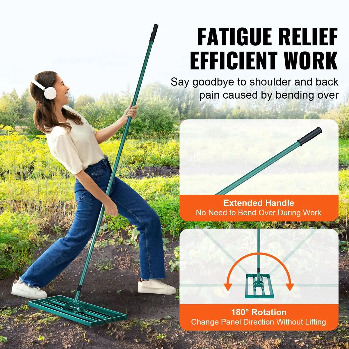 Lawn Rake | Aluminum Alloy Base & Ergonomic Long Handle | 91 x 25 cm