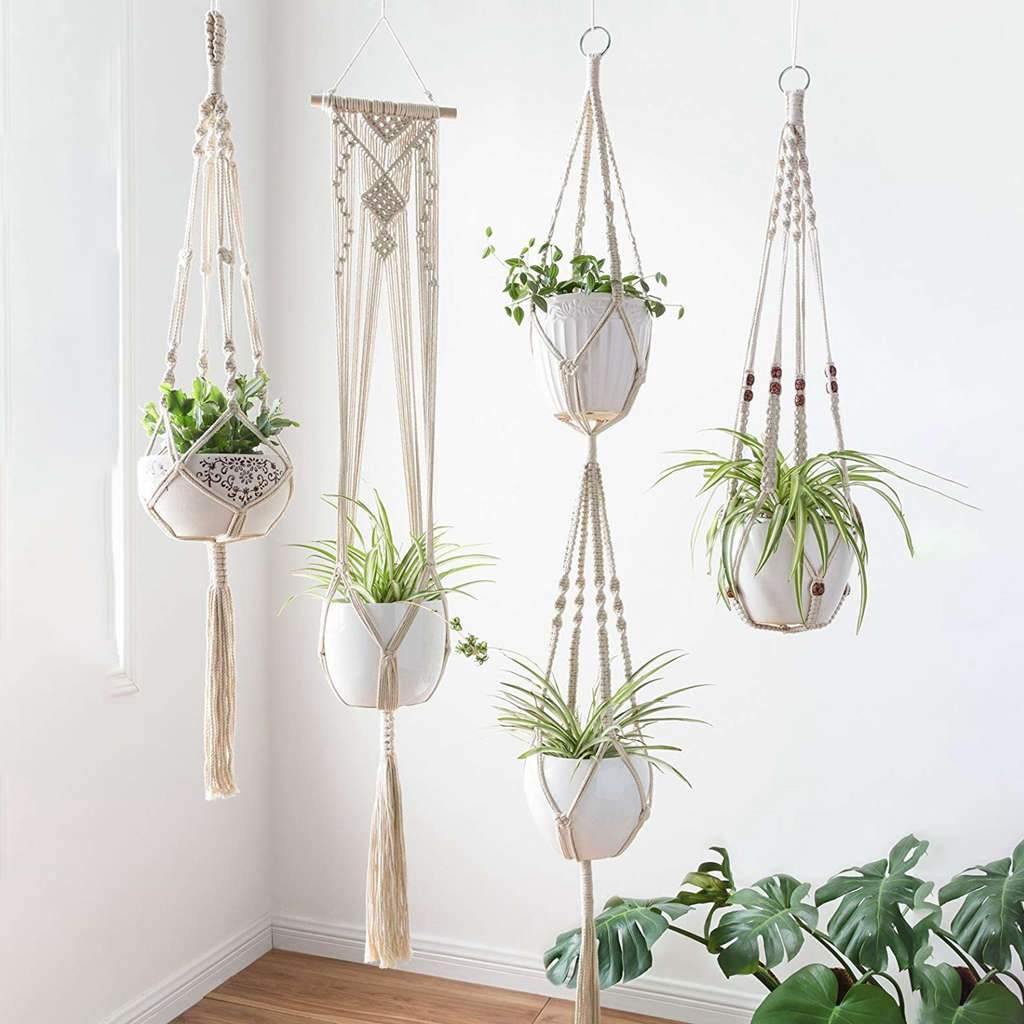 Macrame Plant Hangers | Handmade Cotton & Wood Beads | Set of 4
