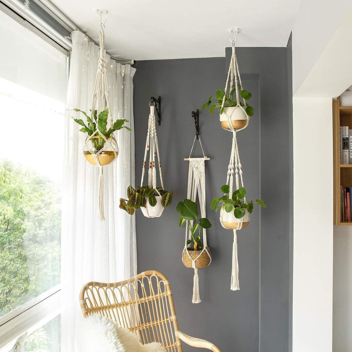 Macrame Plant Hangers | Handmade Cotton & Wood Beads | Set of 4