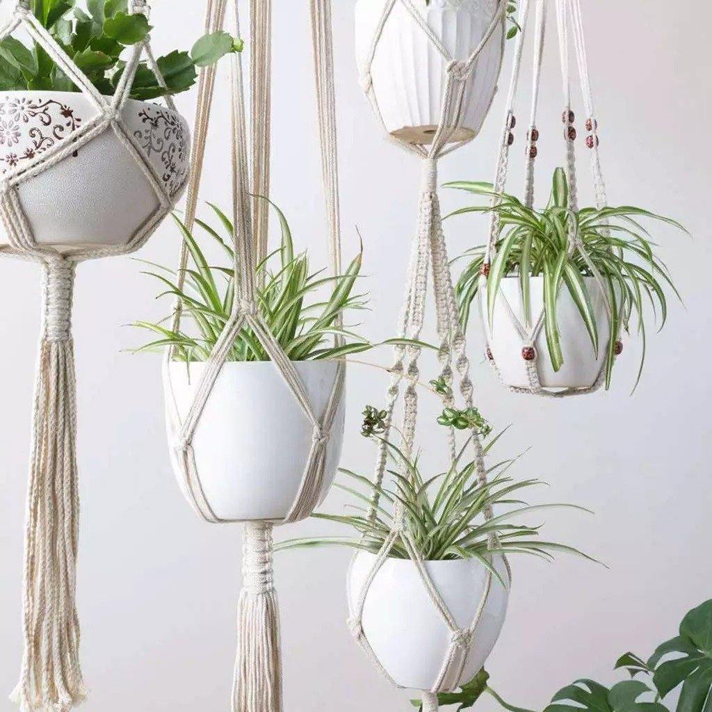 Macrame Plant Hangers | Handmade Cotton & Wood Beads | Set of 4