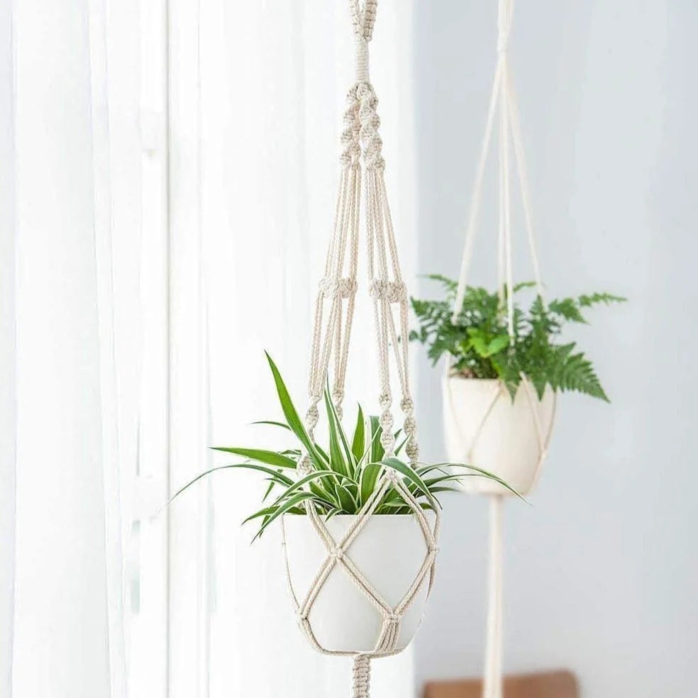 Macrame Plant Hangers | Handmade Cotton & Wood Beads | Set of 4