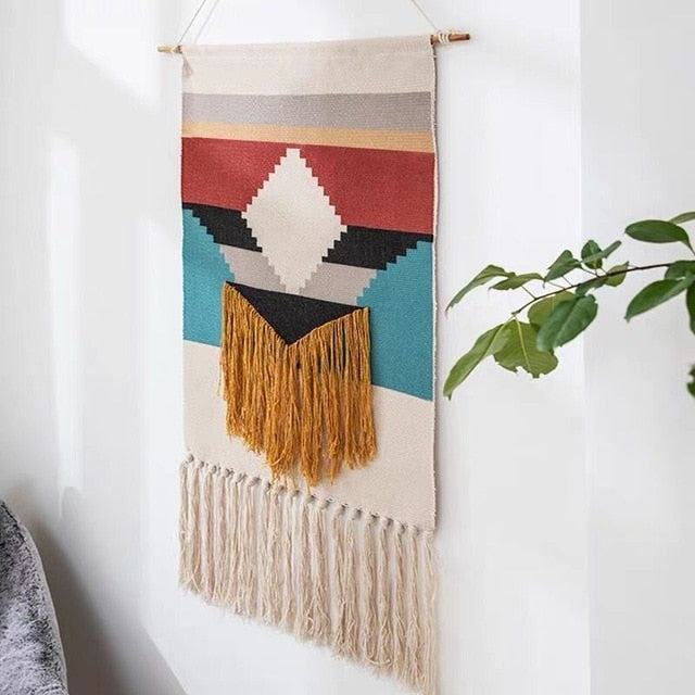 Macrame Wall Tapestry | Cotton & Linen Geometric Fringe | 50 x 70 cm