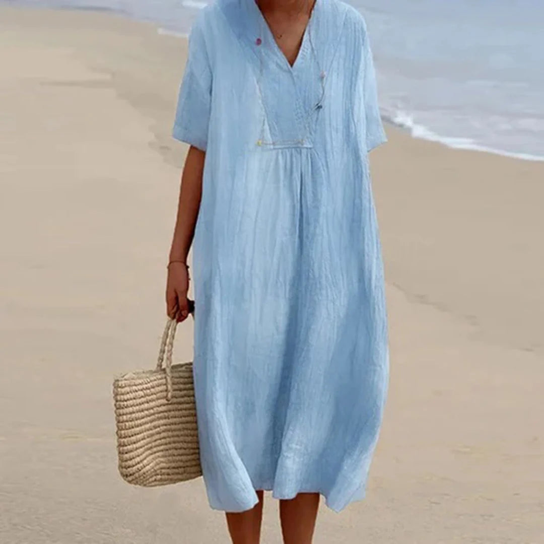 Midi Dress | Lightweight Breathable Linen | Loose V-Neck
