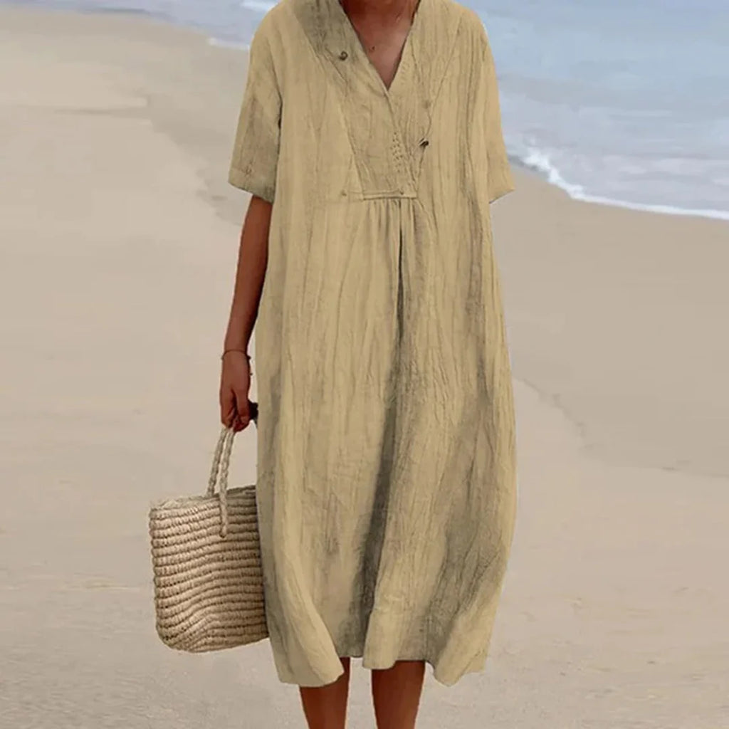 Midi Dress | Lightweight Breathable Linen | Loose V-Neck