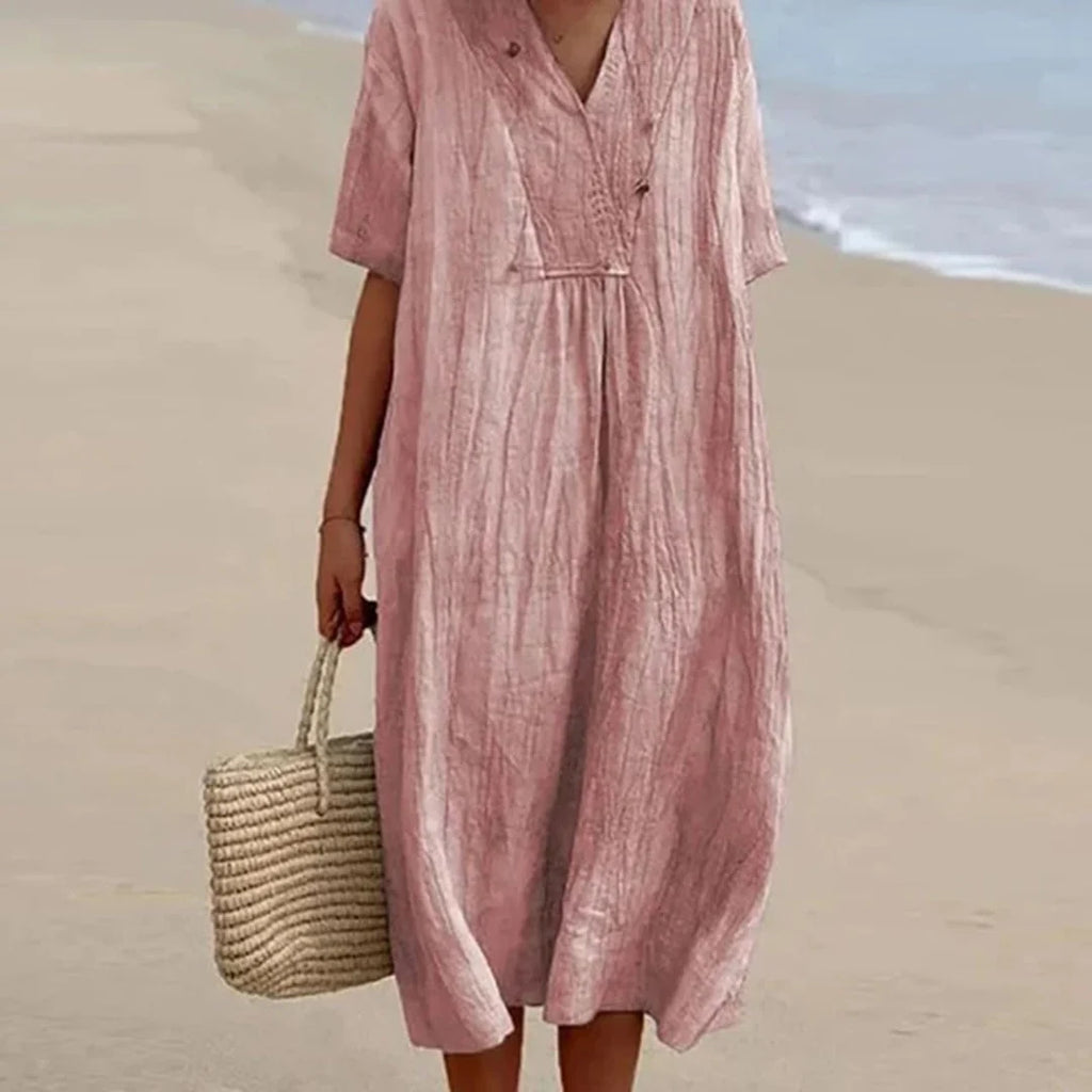Midi Dress | Lightweight Breathable Linen | Loose V-Neck