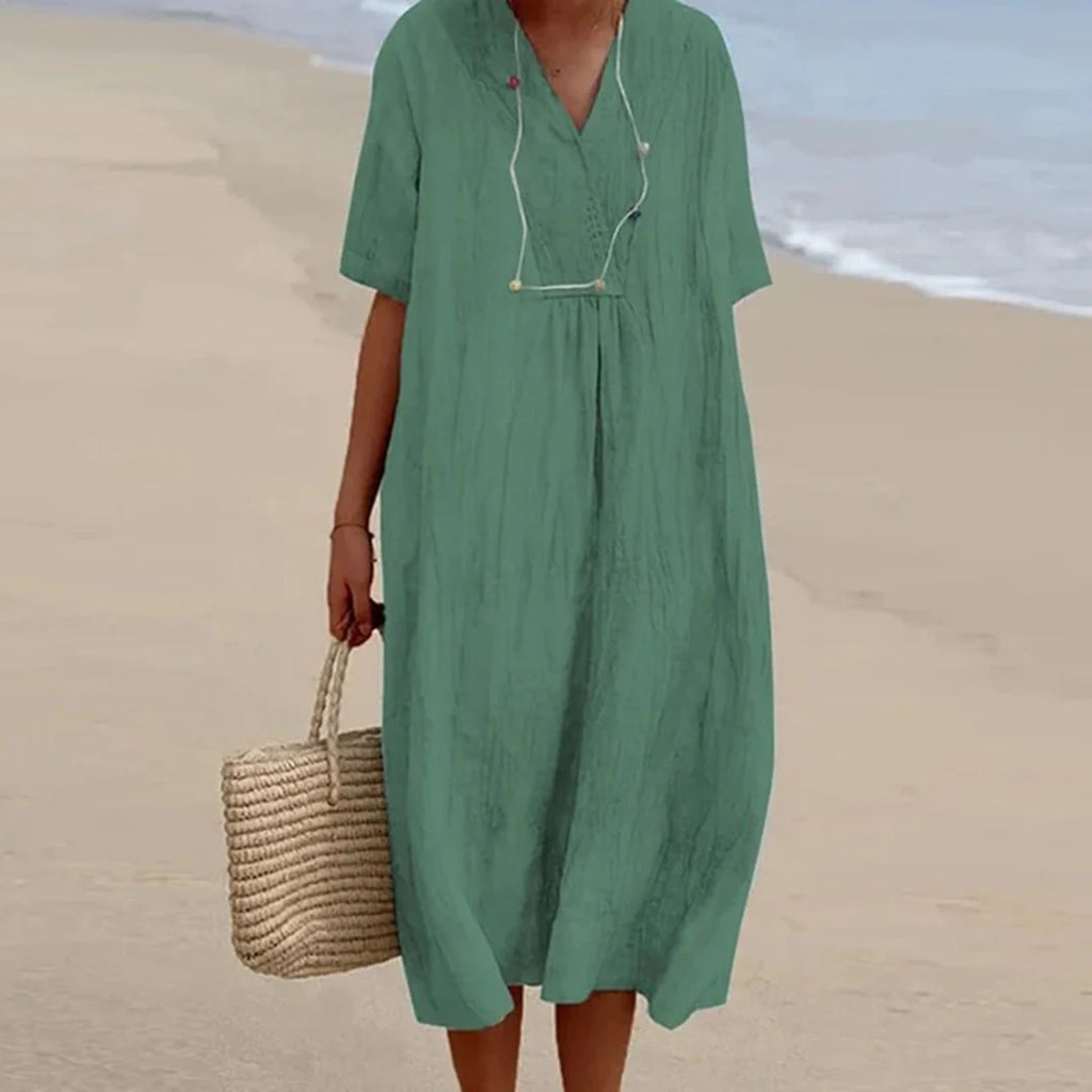Midi Dress | Lightweight Breathable Linen | Loose V-Neck