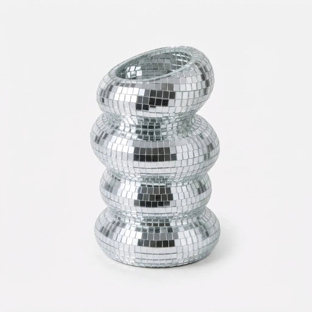 Mirror Tile Vase | Spiral Mirror Surface & Light-Scattering | 10 cm Ø × 13.5 cm H