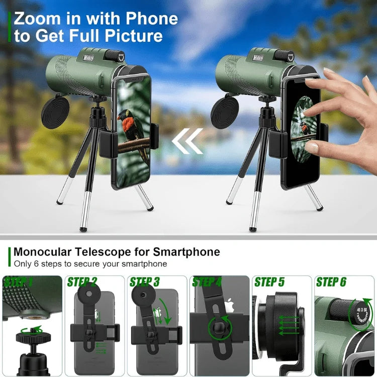 Monocular Telescope | Ultra-Zoom Multi-Coated HD Glass | Smartphone Mount