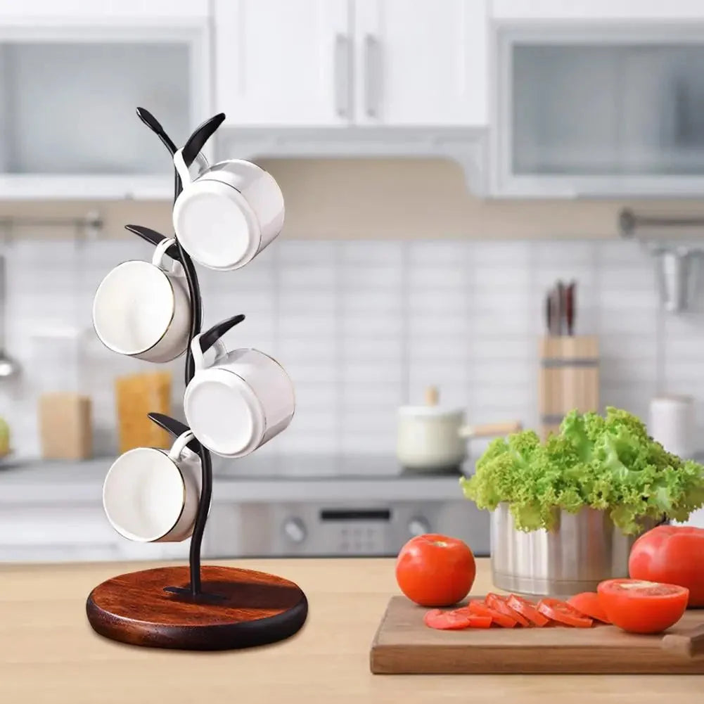 Mug Tree Stand | Powder-Coated Iron & Wooden Base | 5-Mug Capacity