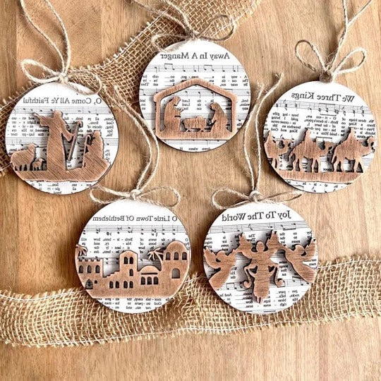 Nativity Ornament | Music-Sheet Background & Layered Cut-Out | 3.54 × 3.54 in