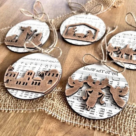 Nativity Ornament | Music-Sheet Background & Layered Cut-Out | 3.54 × 3.54 in
