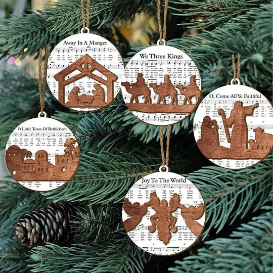 Nativity Ornament | Music-Sheet Background & Layered Cut-Out | 3.54 × 3.54 in