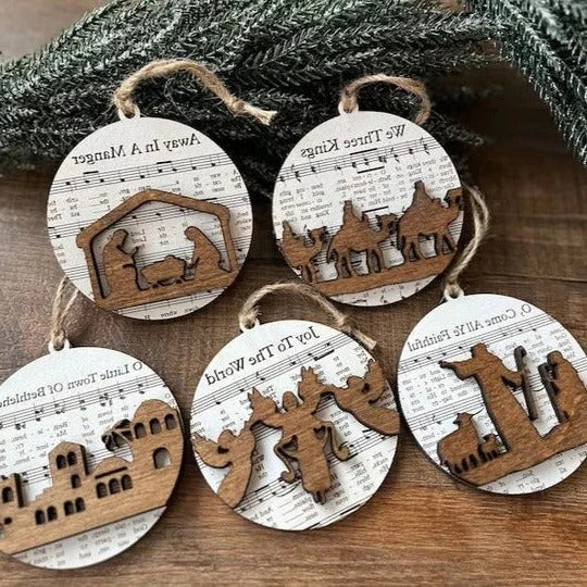 Nativity Ornament | Music-Sheet Background & Layered Cut-Out | 3.54 × 3.54 in