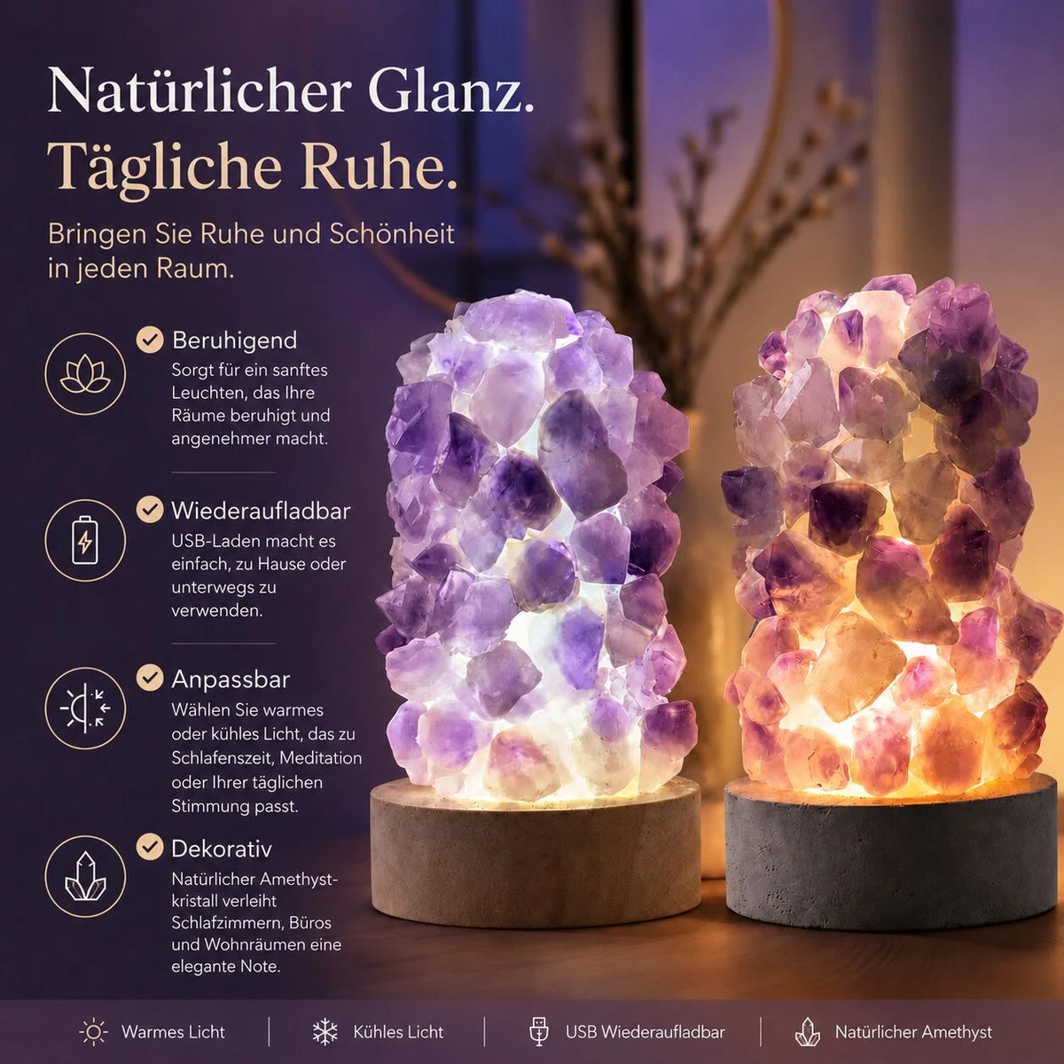 Night Light | Genuine Amethyst & Adjustable LED | USB Rechargeable