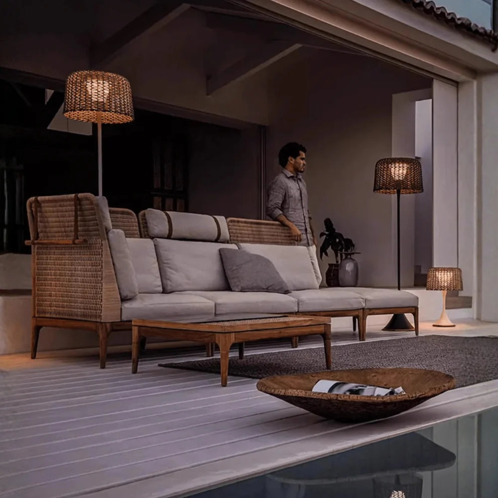 Outdoor Floor Lamp | Woven Shade & Warm LED | IP65 Waterproof