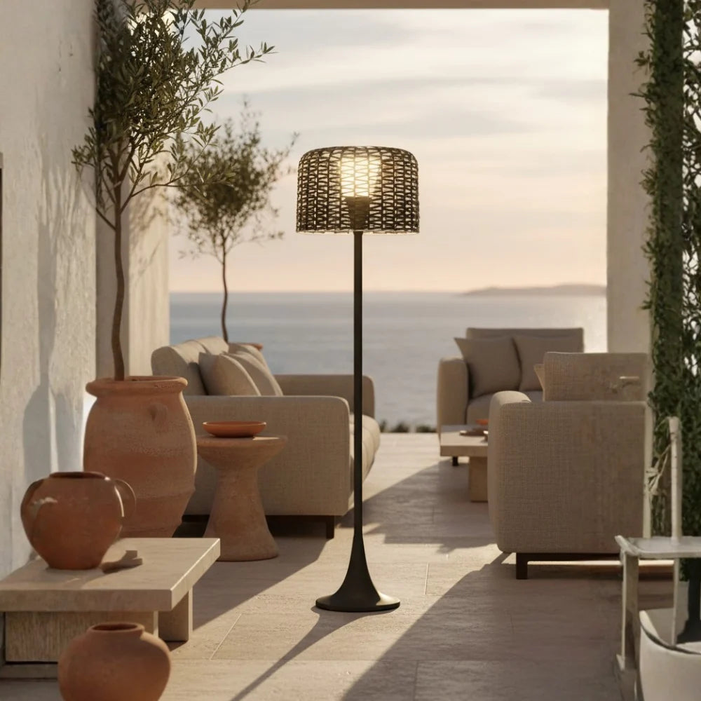 Outdoor Floor Lamp | Woven Shade & Warm LED | IP65 Waterproof