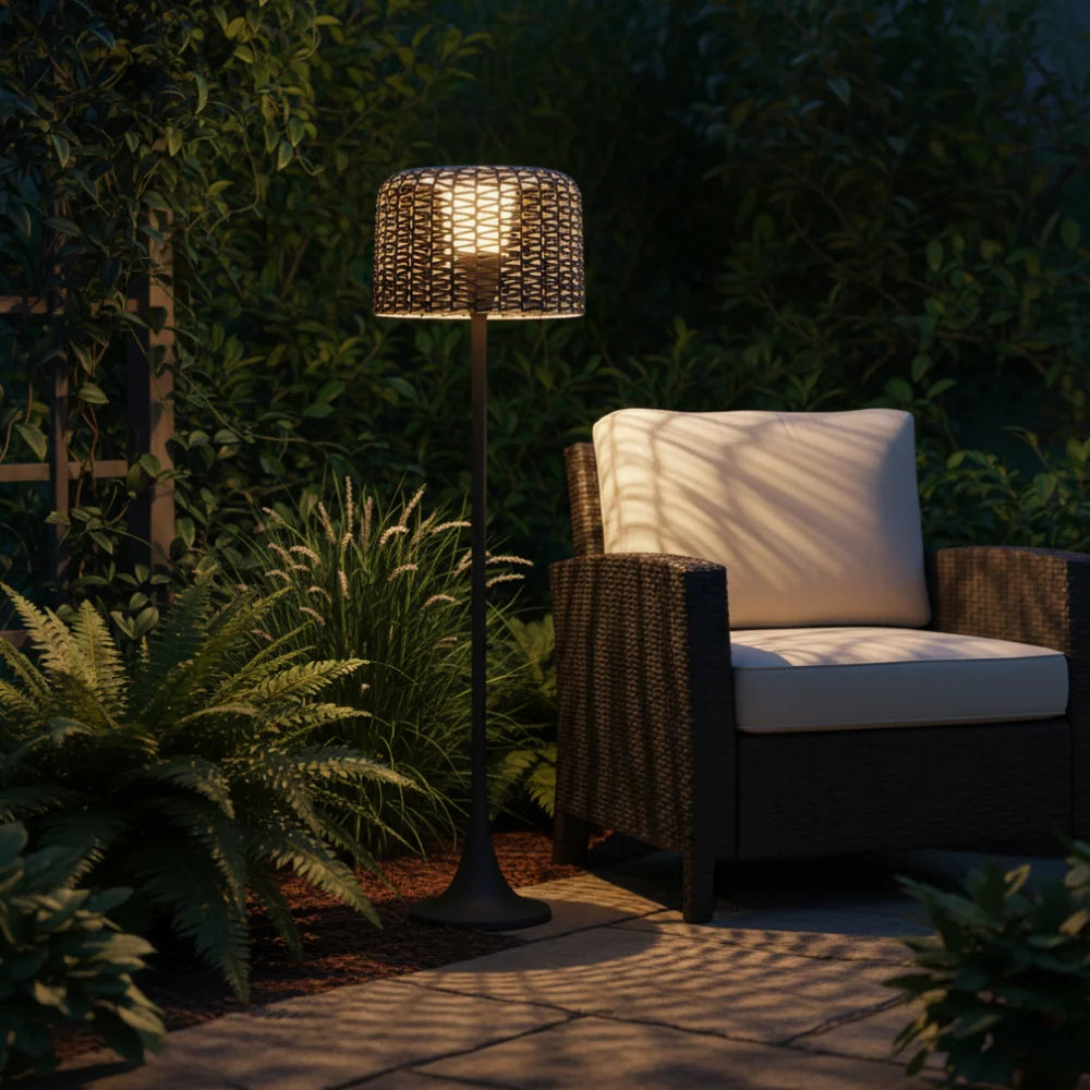 Outdoor Floor Lamp | Woven Shade & Warm LED | IP65 Waterproof