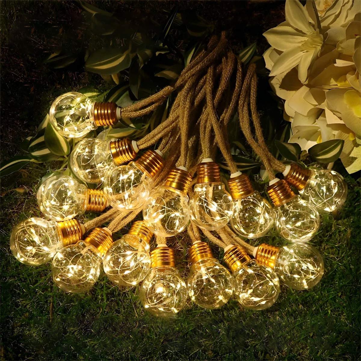 Outdoor String Lights | Solar-Powered Filament LED & Hemp Rope