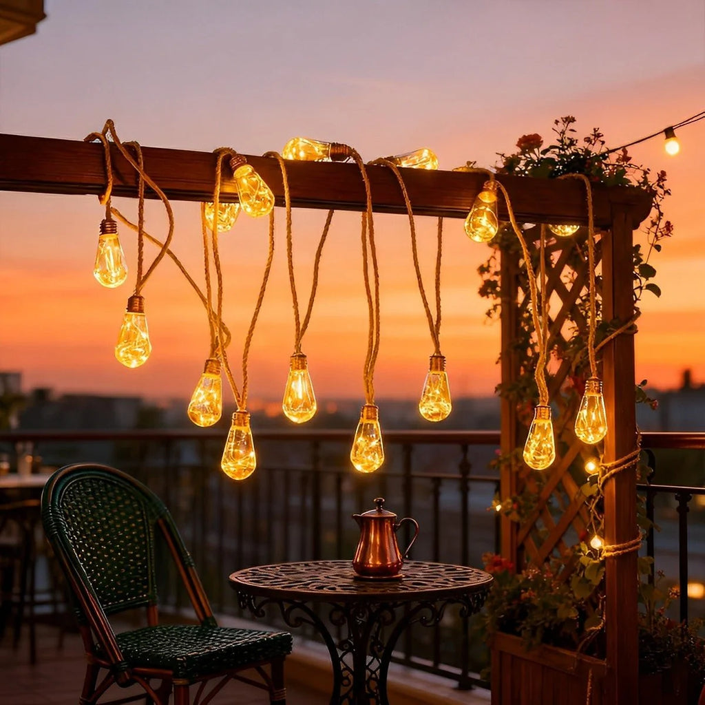 Outdoor String Lights | Solar-Powered Filament LED & Hemp Rope