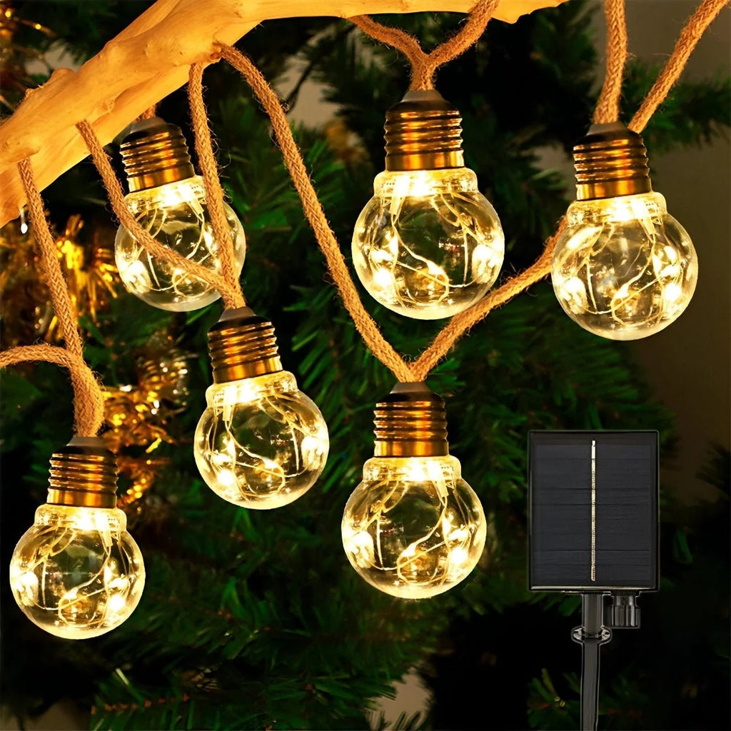 Outdoor String Lights | Solar-Powered Filament LED & Hemp Rope