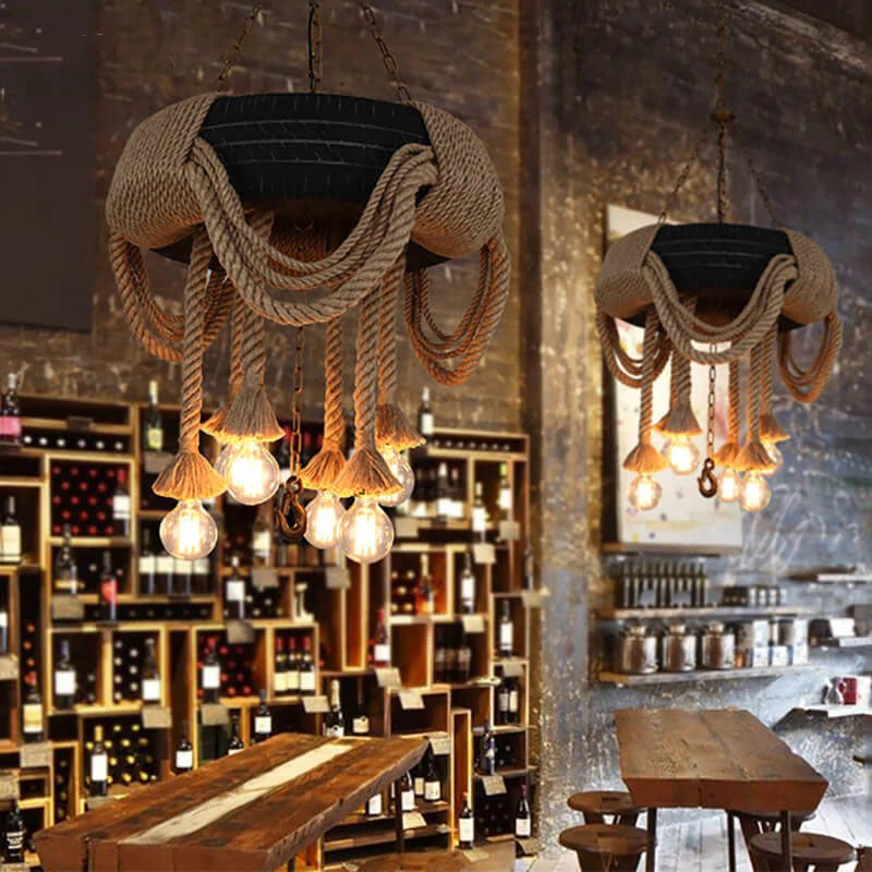 Pendant Chandelier | Vintage Industrial Hemp Rope & Metal | 6-Light