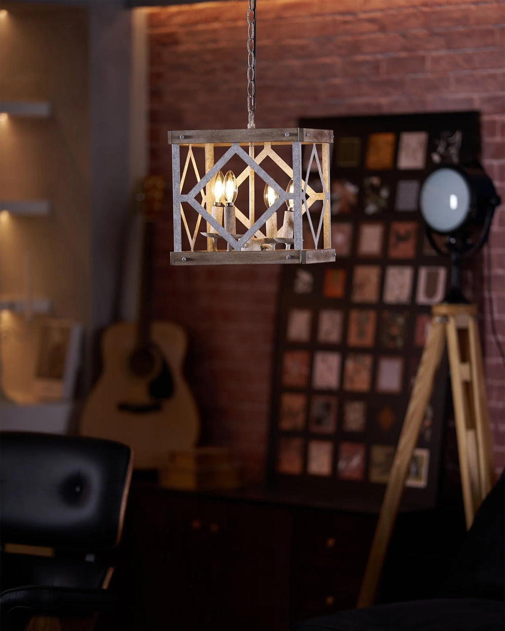 Pendant Lamp | 4-Head Rustic Wood & Metal | 100 cm Chain