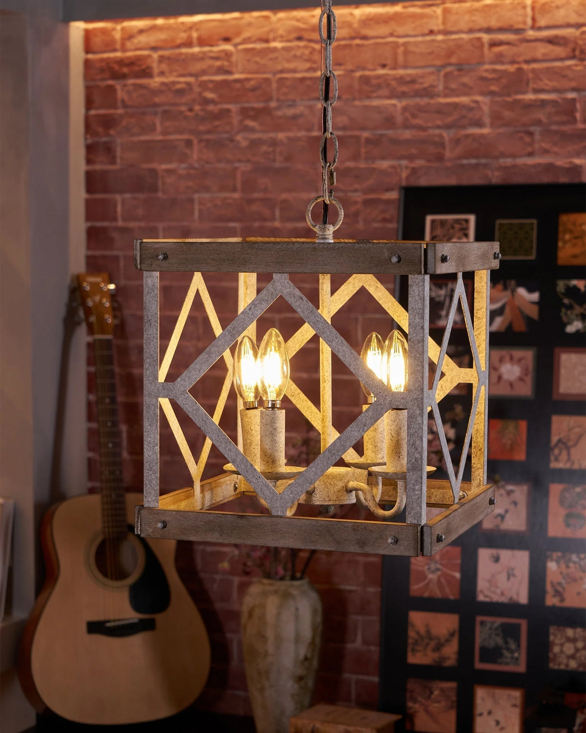 Pendant Lamp | 4-Head Rustic Wood & Metal | 100 cm Chain