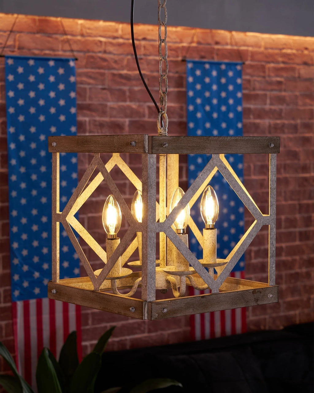 Pendant Lamp | 4-Head Rustic Wood & Metal | 100 cm Chain