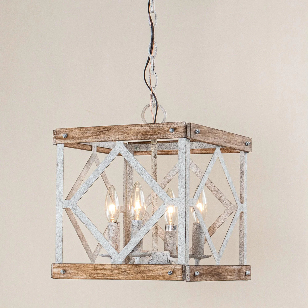 Pendant Lamp | 4-Head Rustic Wood & Metal | 100 cm Chain