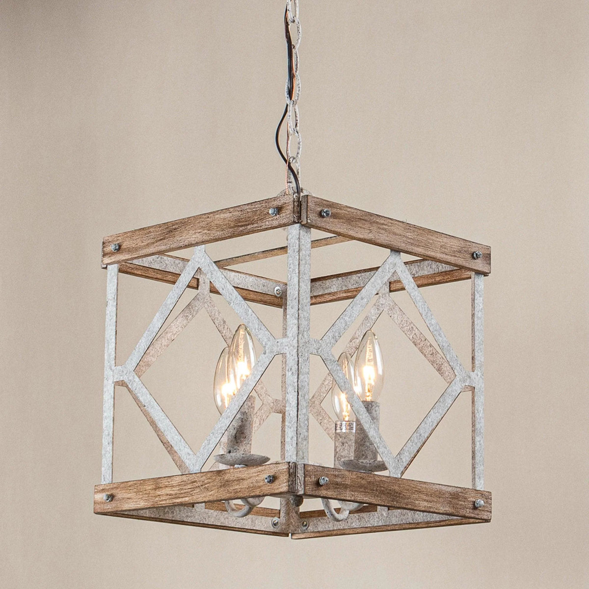 Pendant Lamp | 4-Head Rustic Wood & Metal | 100 cm Chain