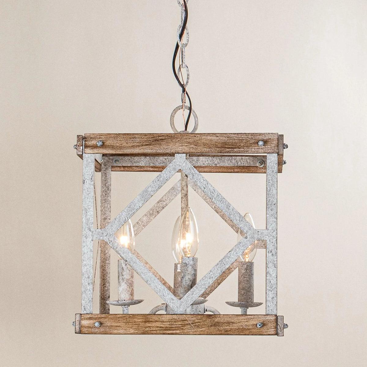 Pendant Lamp | 4-Head Rustic Wood & Metal | 100 cm Chain