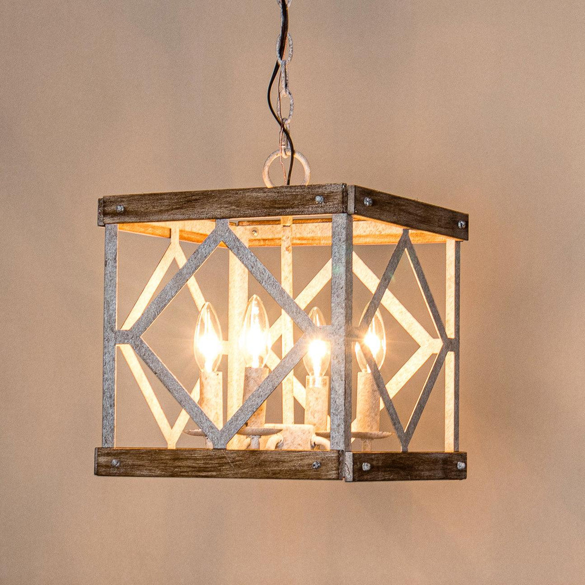 Pendant Lamp | 4-Head Rustic Wood & Metal | 100 cm Chain
