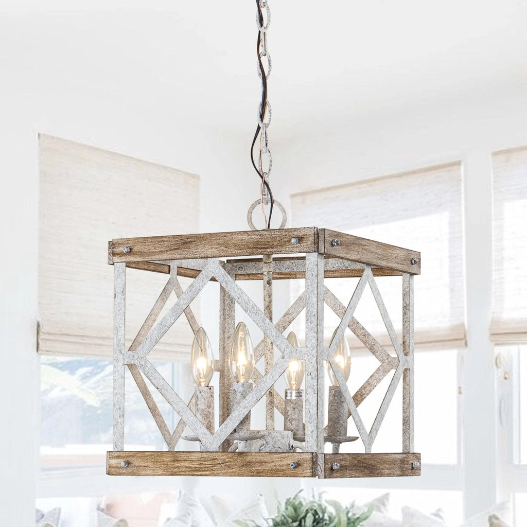 Pendant Lamp | 4-Head Rustic Wood & Metal | 100 cm Chain