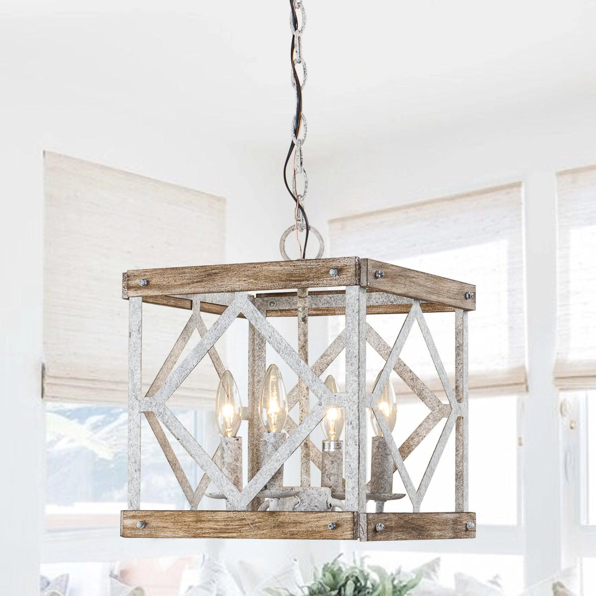 Pendant Lamp | 4-Head Rustic Wood & Metal | 100 cm Chain